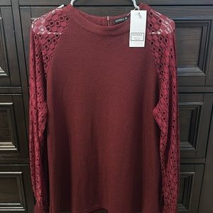 NWT Miholl XL Women’s Cranberry Sweater with Lace Sleeves and Zipper in the Back